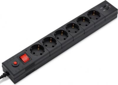 Сетевой фильтр BU-SP1.8_USB_2A 6 розеток 1.8м черный 2USB