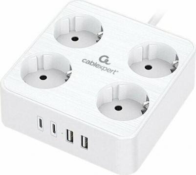 Сетевой фильтр Plate 4 розетки 10А 2xType-C PD 20Вт 2xUSB 3 метра уровень защиты 4+ белый