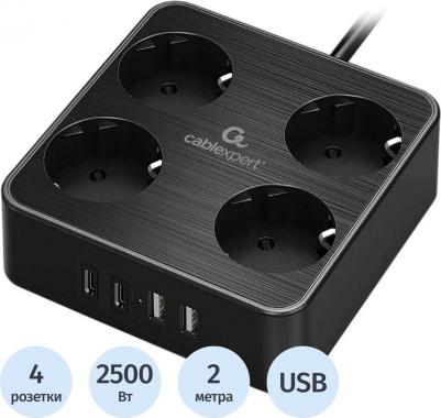 Сетевой фильтр Plate на 4 розетки 2 метра + 2 USB (PLT-4-C2U2-B-2)