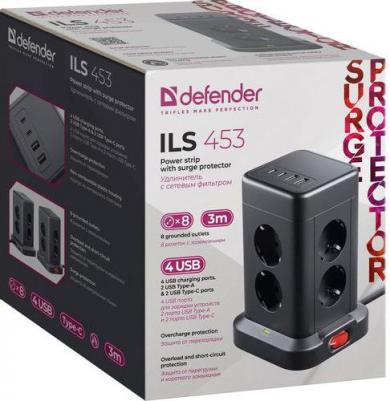 Сетевой фильтр 3м 3*1.5кв.мм 8розеток 16A 230В 2xUSB-A 2xUSB-C черный ILS 453 99631 – фото 1