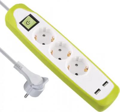 Удлинитель бытовой 3 розетки с заземлением 3х1 мм 2 м цвет зеленый/белый