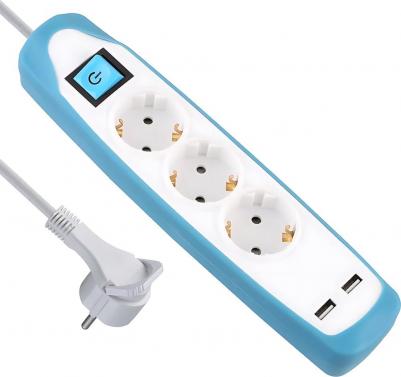 Удлинитель сетевой 3 гнезда с двумя USB разъемами 2 метра бело-голубой – фото 3