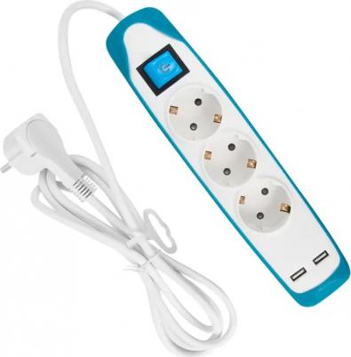 Удлинитель сетевой 3 гнезда с двумя USB разъемами 2 метра бело-голубой