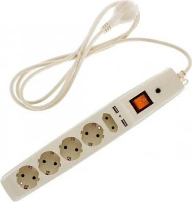 Сетевой фильтр SFU 5 розеток с заземлением 3х0.75 мм 2 USB 2200 Вт 1.8 м цвет бежевый – фото 2