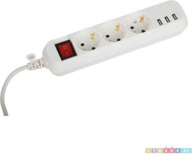 U-3es-5m-USB Удлинитель электрический U-3es-5m-USB c заземлением с выключателем 3 розетки + 3xUSBA 5м 10А, цена за 1 шт – фото 1