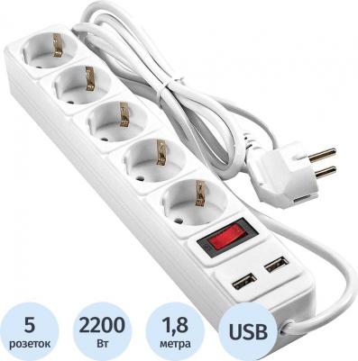 EX295491RUS Сетевой фильтр-удлинитель с USB зарядкой SP-5-USB-1.8W 5 евророзеток с заземлением, 2 USB-A 2A, 1.8м, защита от перегрузки, выключатель – фото 1