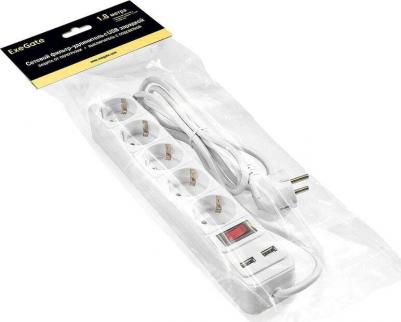 EX295491RUS Сетевой фильтр-удлинитель с USB зарядкой SP-5-USB-1.8W 5 евророзеток с заземлением, 2 USB-A 2A, 1.8м, защита от перегрузки, выключатель – фото 1