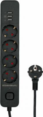 Сетевой фильтр 2.0 Мультипорт EPS-4-U3-B-2, 4 р, 10А, 3xUSB, 2м, ур. защиты 2+, черн 1034186