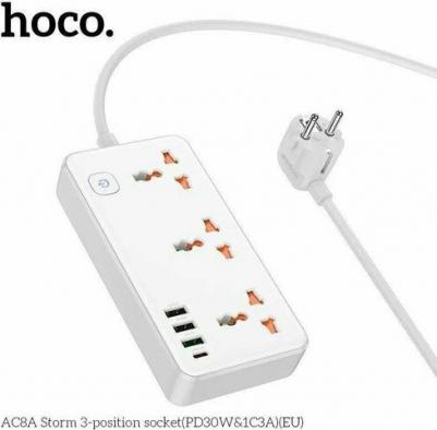 Сетевой фильтр на 3 розетки, 3 USB, 1 PD, 1.5м, AC7A, черный