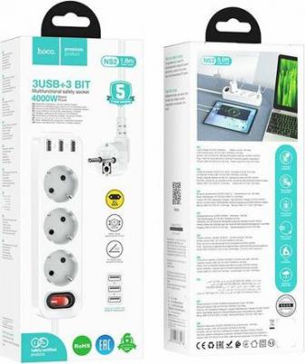 Сетевой фильтр NS2 White 3 гнезда плюс 3USB 4000W 1.8м, белый – фото 3
