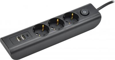 MODERN Удлинитель У03В 3 розетки с заземляющим контактом + USBх3 2м 3х1мм2 16А/250В черный WYP12-16-03-02-ZKU-K02 – фото 1