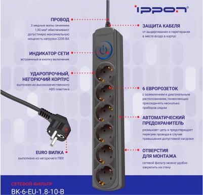 Сетевой фильтр BK-6-EU-1.8-10-B 6 розеток 1.8 м (1804735) – фото 7