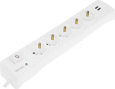Фильтр сетевой 5 гнезд, 3м, 3х1,5мм?, с автовыкл, 2 USB, белый, цена за 1 шт – фото 1