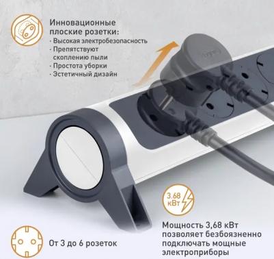 Удлинитель с заземлением 5 розеток с кабелем 1,5 м, с кнопкой включения и поворотным основанием, цвет: бело-черный, арт. 694531 – фото 8