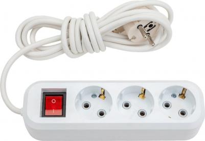 Удлинитель бытовой, 3 розетки, с кнопкой, с/з, 10А / 2200Вт, ПВС 3х0,75, белый, 3 метра – фото 1