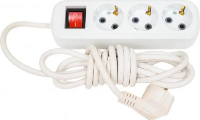 Удлинитель бытовой, 3 розетки, с кнопкой, с/з, 10А / 2200Вт, ПВС 3х0,75, белый, 3 метра