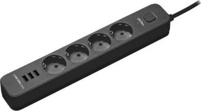 Сетевой фильтр Power Stream, 2500W, 2,0м, 4 розетки, 3 USB, черный