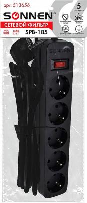 Сетевой фильтр SPB-185, 5 розеток с заземлением, выключатель, 10 А, 1,8 м, черный – фото 6
