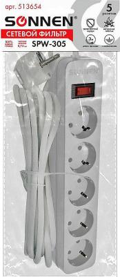 Сетевой фильтр SPW-305, 5 розеток с заземлением, выключатель, 10 А, 3 м, белый – фото 3