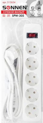 Сетевой фильтр SPW-305, 5 розеток с заземлением, выключатель, 10 А, 3 м, белый – фото 6