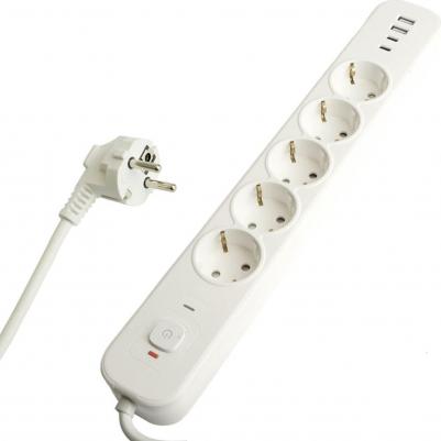 Сетевой фильтр 5-местный с/з 3x1мм2, 5 м, 250В, 16А, 2 USB-A+2 Type-C 3, серия Nova, HM21-51-05, белый, цена за 1 шт