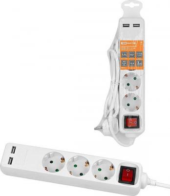 Удлинитель бытовой У03В-USB 3 гнезда, 2USB 2,4А, 1,5 м, вык., з/к, ПВС 3х0,75мм2 10А/250В белый, цена за 1 шт – фото 1