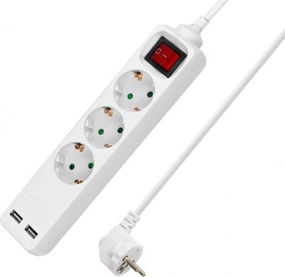 Удлинитель бытовой У03В-USB 3 гнезда, 2USB 2,4А, 3 м, вык., з/к, ПВС 3х0,75мм2 10А/250В белый, цена за 1 шт