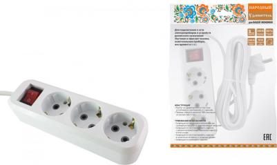 Удлинитель серия "Народная" УН03В выключатель, 3 гнезда, 1,5 метра SQ1303-1100 – фото 1