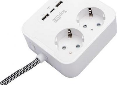 Сетевой фильтр TOP-PWS2, 2 розетки, 2 USB, Type-C, PD 15W QC, 4000W, 1.5 м, Белый TOP-PWS2 – фото 4
