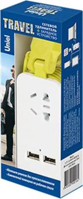 S-CT1-1,5U WHITE/GREEN LM Удлинитель серии Travel, шнур 1,5м, 1 гнездо, б/з, 2USB*1,1A. Белый с салатовым – фото 1