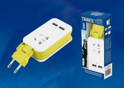 S-CT1-1,5U WHITE/GREEN LM Удлинитель серии Travel, шнур 1,5м, 1 гнездо, б/з, 2USB*1,1A. Белый с салатовым – фото 4