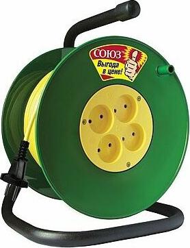 Удлинитель на катушке 50 м метров длина 4 гнезда без заземления кабель ПВС 2х 1,5 мощность 3500 Вт Союз 220в, арт. 481S-3305 – фото 6