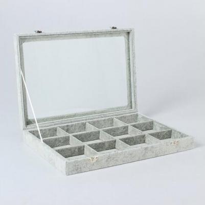 Подставка для украшений "Шкатулка" 12 ячеек, 35*24*4,5, стеклянная крышка, цвет серый