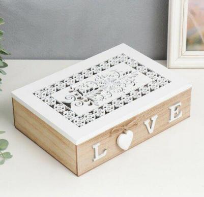 Шкатулка дерево с делениями "Белые ажурные узоры" 17х24х7 см 7862105