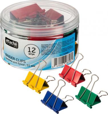 Зажимы для бумаг 51 мм цветные (12 шт в упаковке)