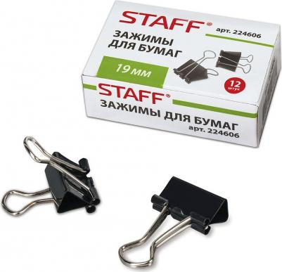 Зажимы для бумаг "EVERYDAY", КОМПЛЕКТ 12 шт., 19 мм, на 60 листов, черные, картонная коробка, 224606