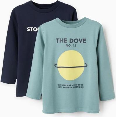 Набор из 2 детских футболок 100% хлопок с принтом на груди, светло-голубой