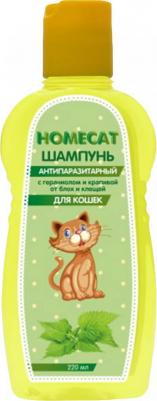 HOMECAT 220 мл шампунь для кошек антипаразитарный от блох и клещей с гераниолом и крапивой