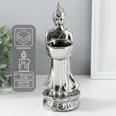 Подсвечник керамика на 1 свечу "Будда", d=4 см, серебро, 8x11x22.5 см