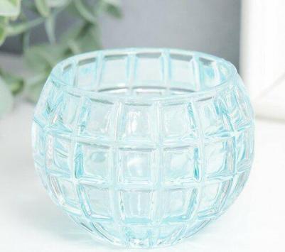 Подсвечник стекло "Бочонок" d-4.5 см голубой 7.5х7.5х6 см