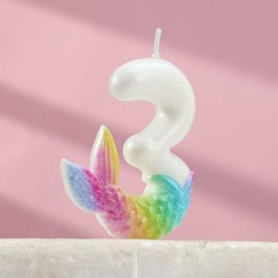 Свеча для торта "Рыбка исполения желаний", цифра "3", белая – фото 1