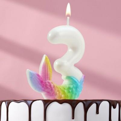 Свеча для торта "Рыбка исполения желаний", цифра "3", белая