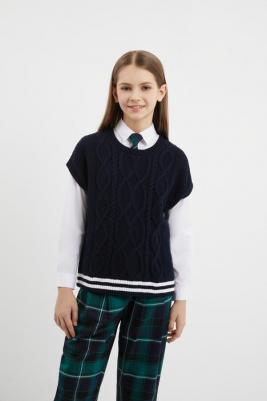 Жилет объёмный вязаный с косами синий для девочки (140) – фото 1