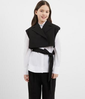 Жилет укороченный со съёмным поясом чёрный для девочки, 140, 224GSGJC4701
