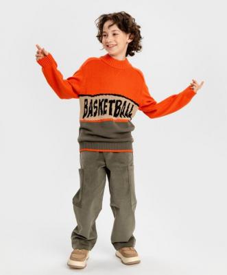 Свитер с вязаным принтом оранжевый для мальчика, 122, 224BBBMC3303 – фото 2