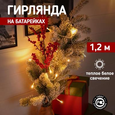 Гирлянда светодиодная универсальная 10 LED, 1,2 метра, прозрачный ПВХ, теплое белое свечение, батарейки 2хАА, цена за 1 шт – фото 1