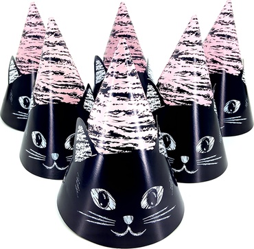 Праздничные колпаки картонные/бумажные Riota на день рождения Котики, черный, 6 шт – фото 1