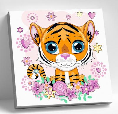 Картина по номерам Тигренок с цветами. KH1094