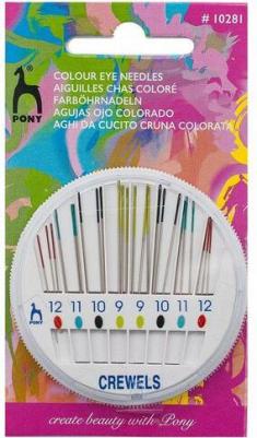 10281 Иглы для вышивания и шитья Crewels с цветным ушком в розетке №9-12, 24 шт