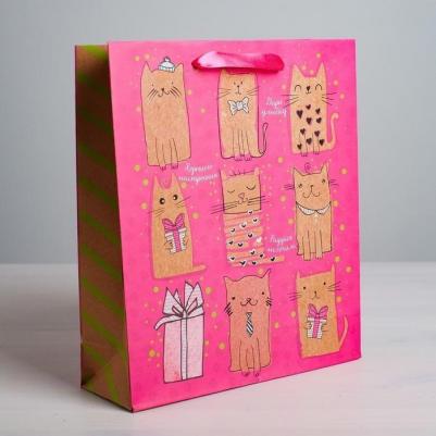 Пакет крафтовый вертикальный "Милые котики", ML 23 x 27 x 8 см